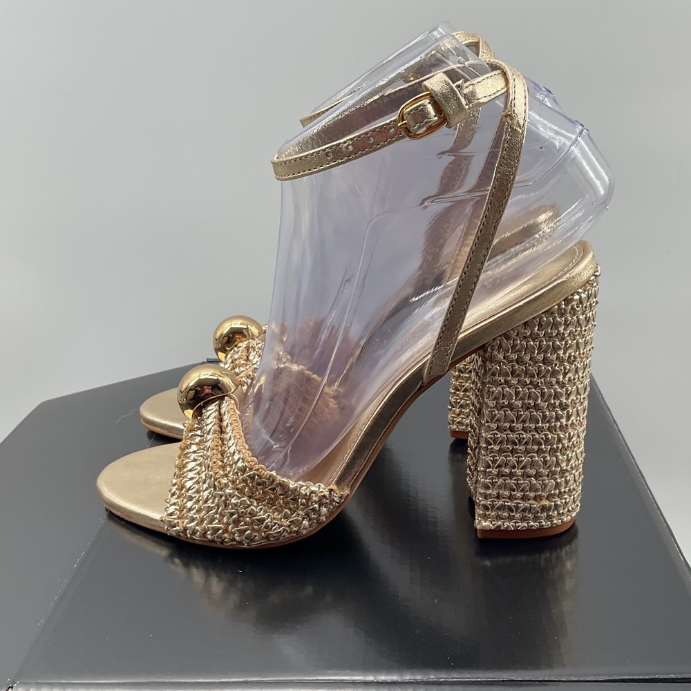 Steve Madden Cheyla Gold Metallic Woven Block Heel Sandals Womens 7M